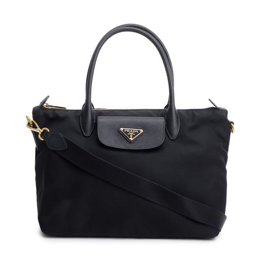 Prada Trimmed Tessuto Handle Tote Nylon Saffiano Black Tote Bag