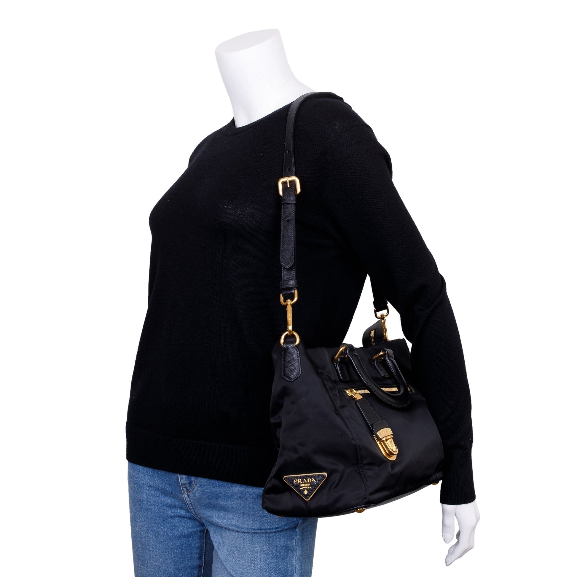 Prada Saffiano Trimmed Tessuto Tote Handbag Nylon Black Tote Bag