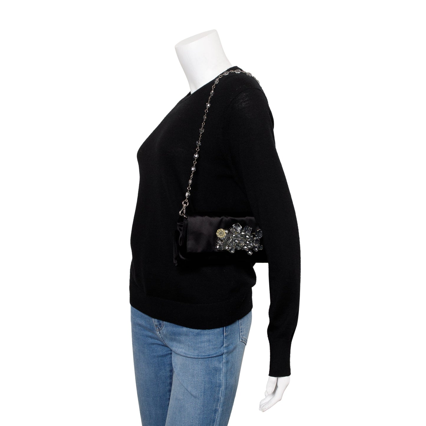 Prada Crystal Embellished Clutch Handbag Satin Black Clutch Bag