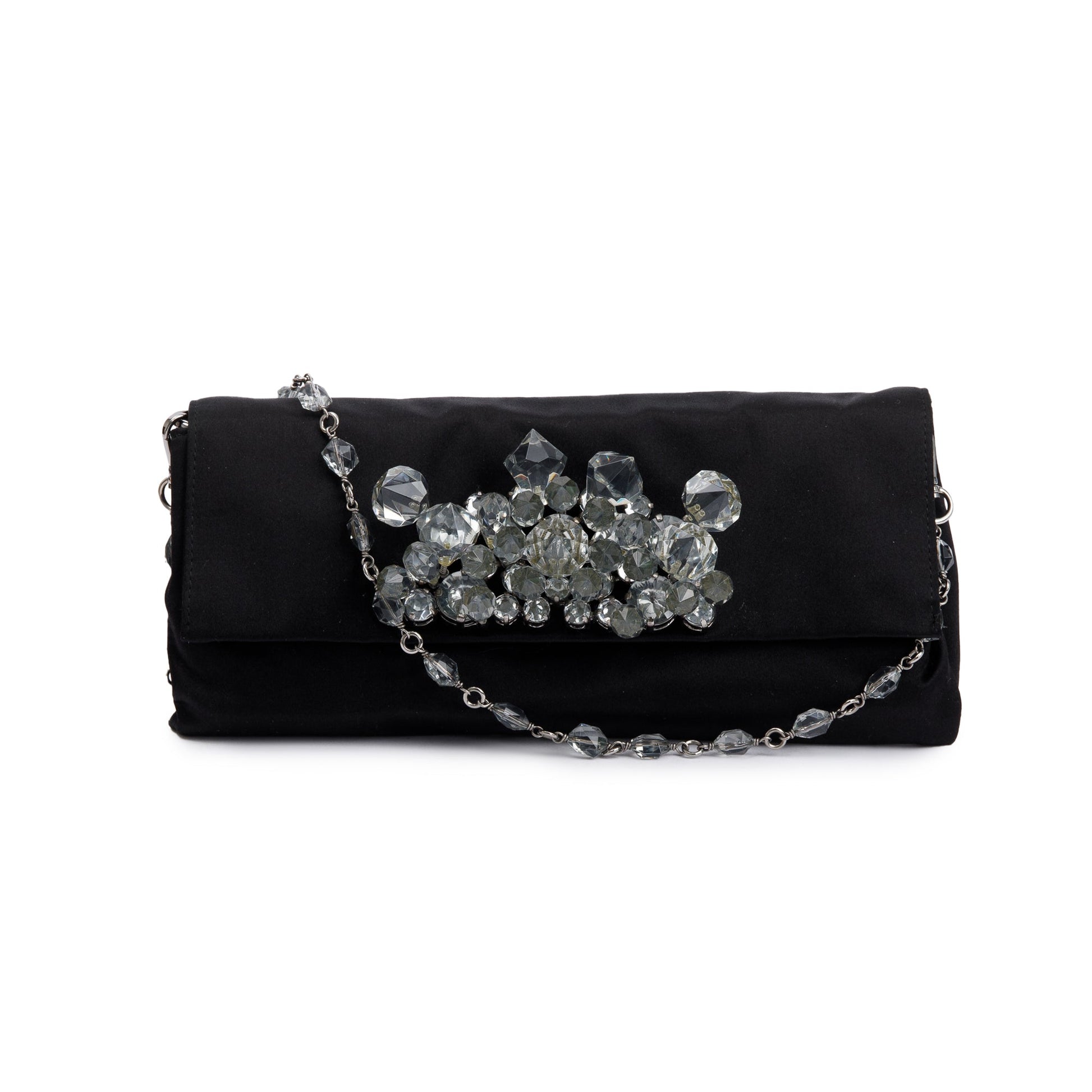 Prada Crystal Embellished Clutch Handbag Satin Black Clutch Bag