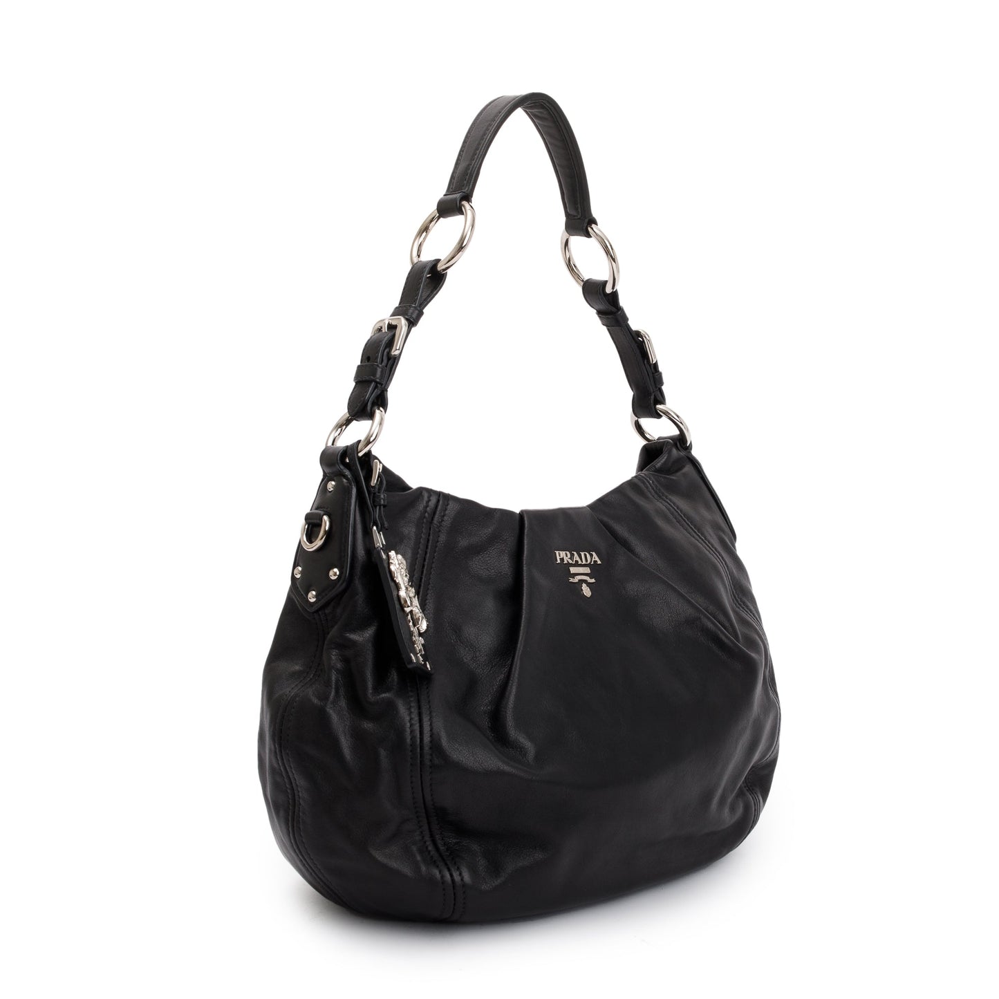 Prada Soft Calf Pleated Hobo Bag Leather Black Travel Bag