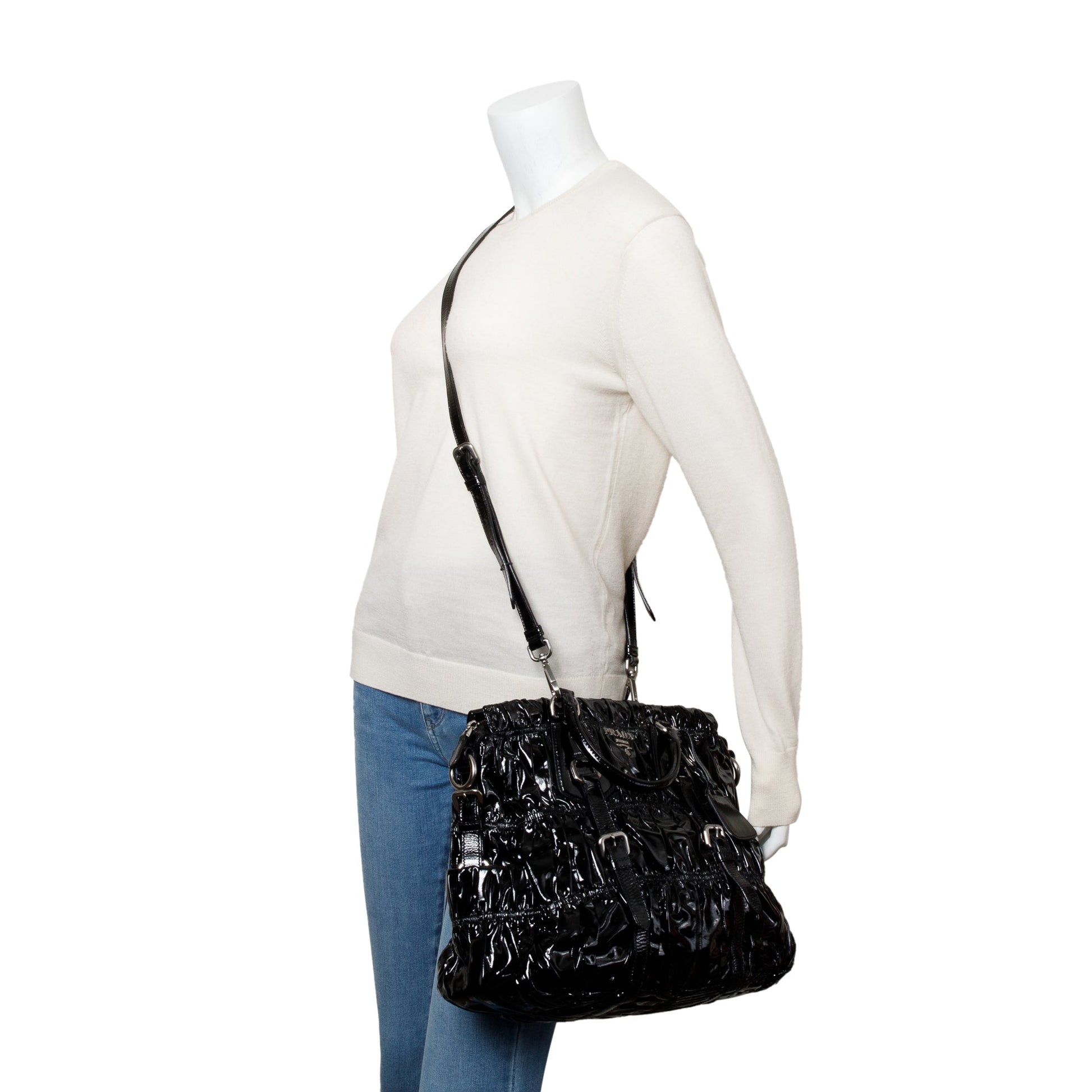 Prada Vernice Gaufre Shopping Tote Handbag Black Tote Bag