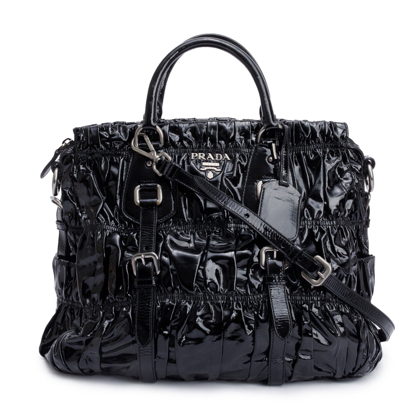Prada Vernice Gaufre Shopping Tote Handbag Black Tote Bag