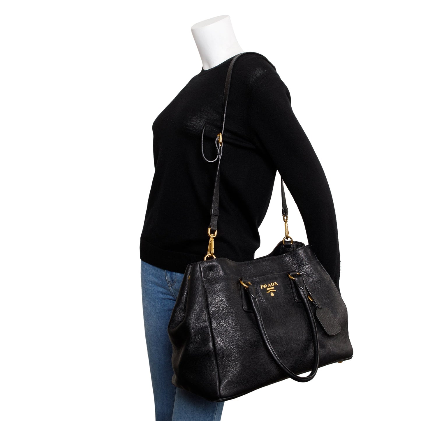 Prada Vitello Daino Convertible Tote Handbag Black Tote Bag