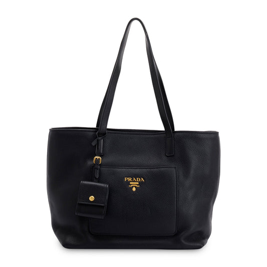 Prada Vitello Daino Front Pocket Shopping Tote Handbag Black Tote Bag