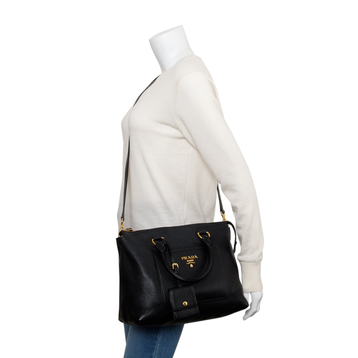 Prada Vitello Daino Pocket Zip Tote Handbag Leather Black Tote Bag