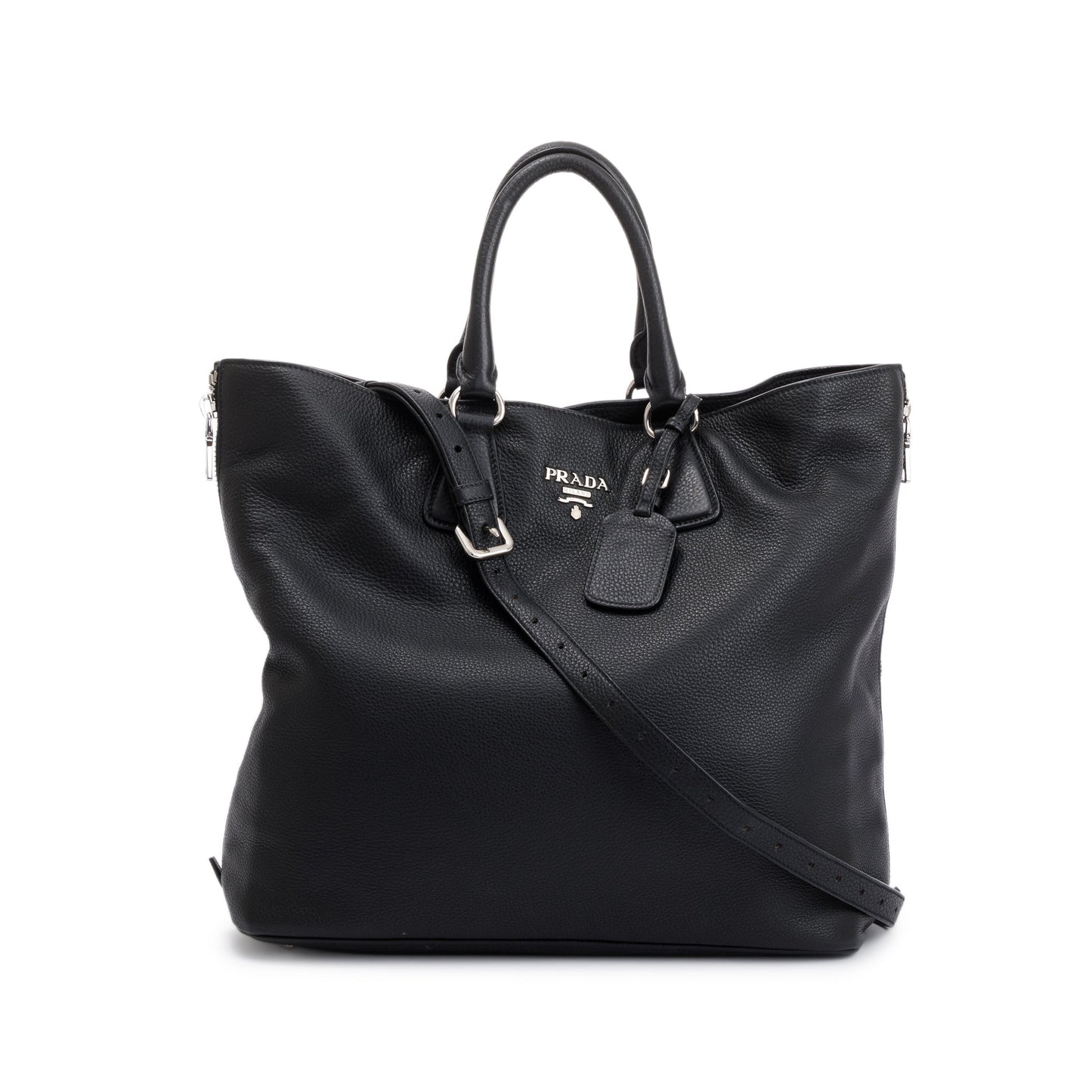 Prada Vitello Daino Side Zip Shopping Tote Handbag Leather Black Tote Bag