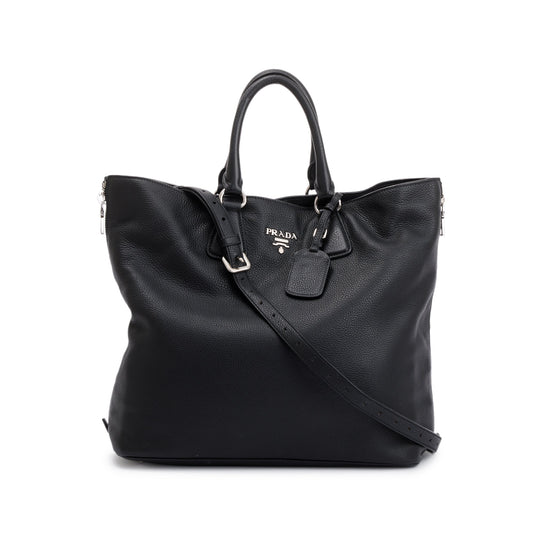 Prada Vitello Daino Side Zip Shopping Tote Handbag Leather Black Tote Bag
