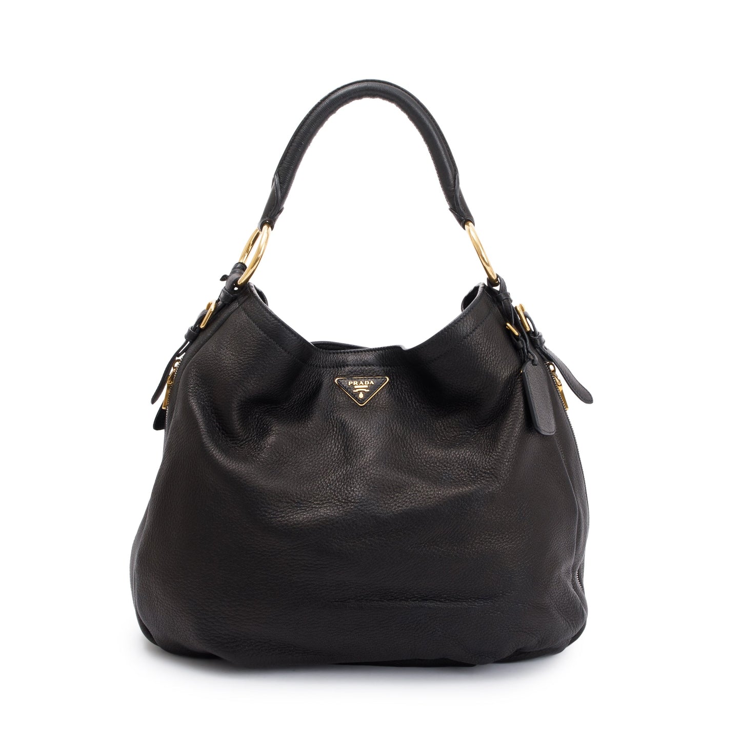 Prada Vitello Daino Zip Around Hobo Bag Leather Black Travel Bag