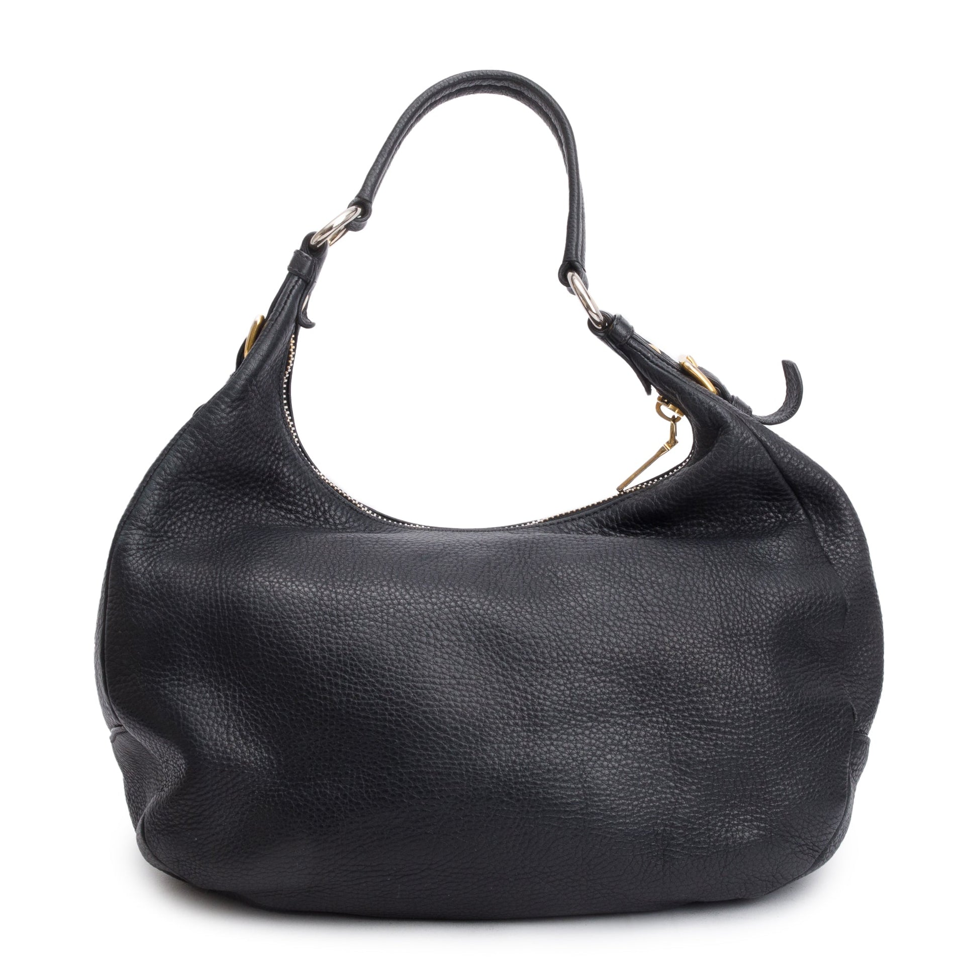 Prada Vitello Daino Zip Top Hobo Handbag Leather Black Travel Bag