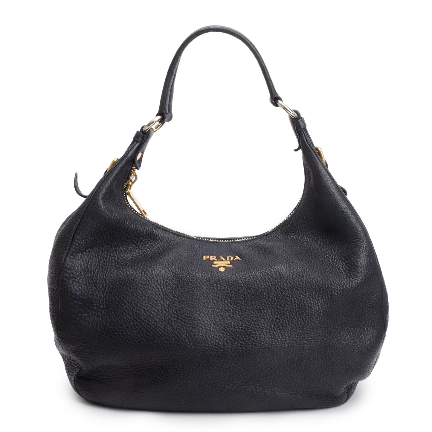 Prada Vitello Daino Zip Top Hobo Handbag Leather Black Travel Bag