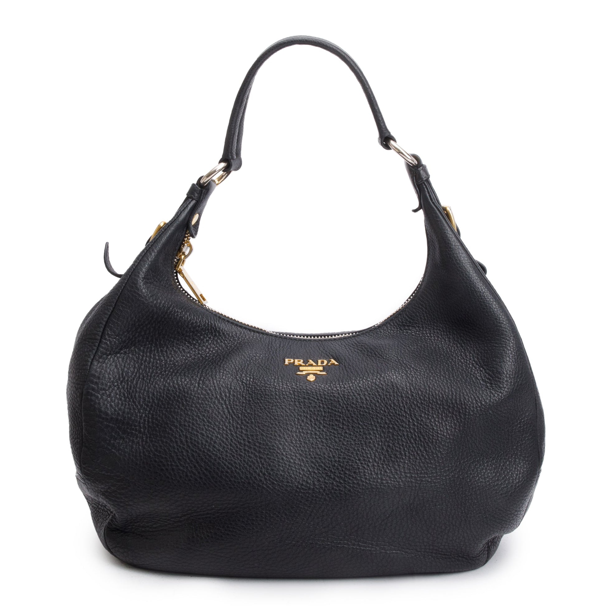 Prada Vitello Daino Zip Top Hobo Handbag Leather Black Travel Bag