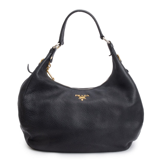 Prada Vitello Daino Zip Top Hobo Handbag Leather Black Travel Bag