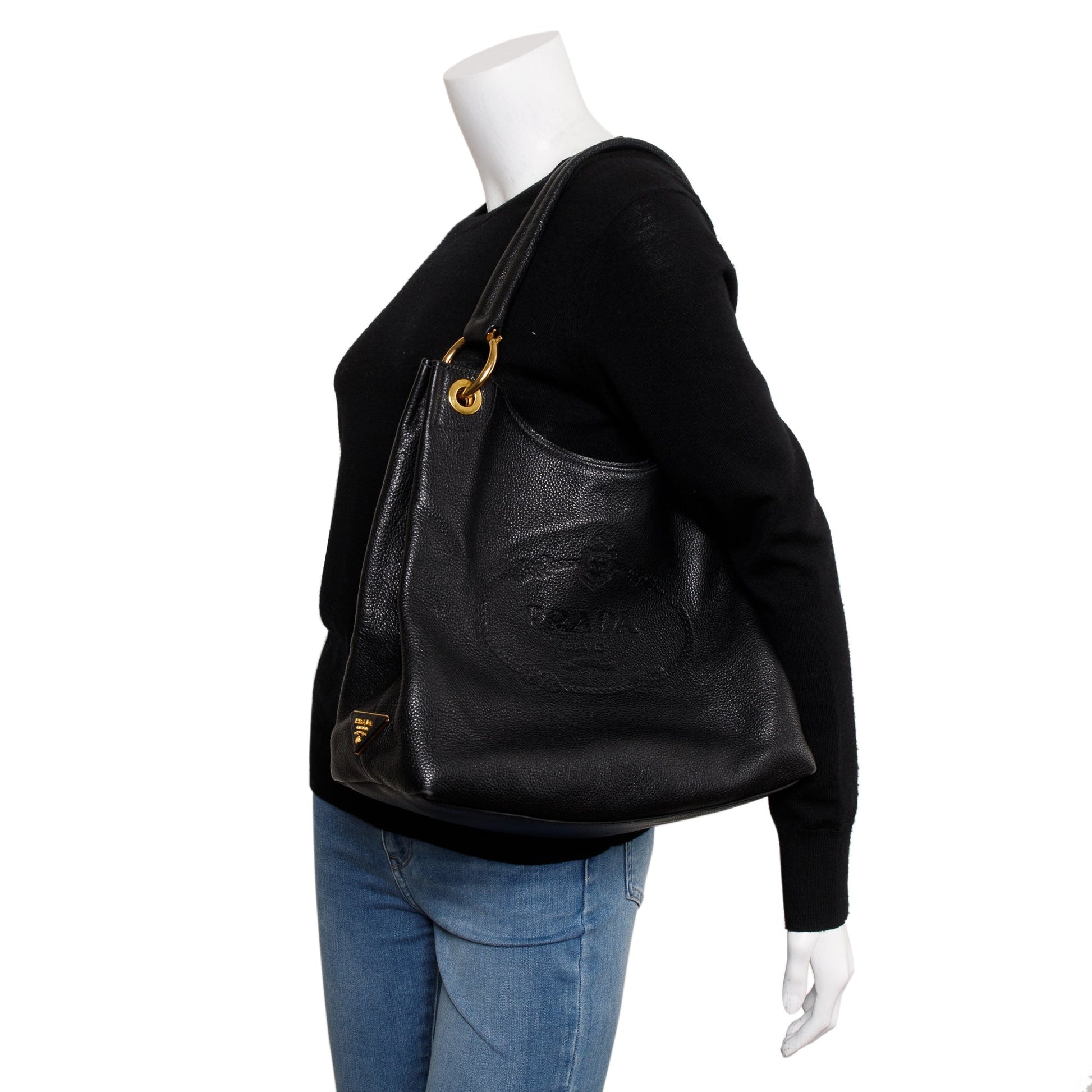 Prada Vitello Daino Embossed Hobo Bag Black Medium Travel Bag