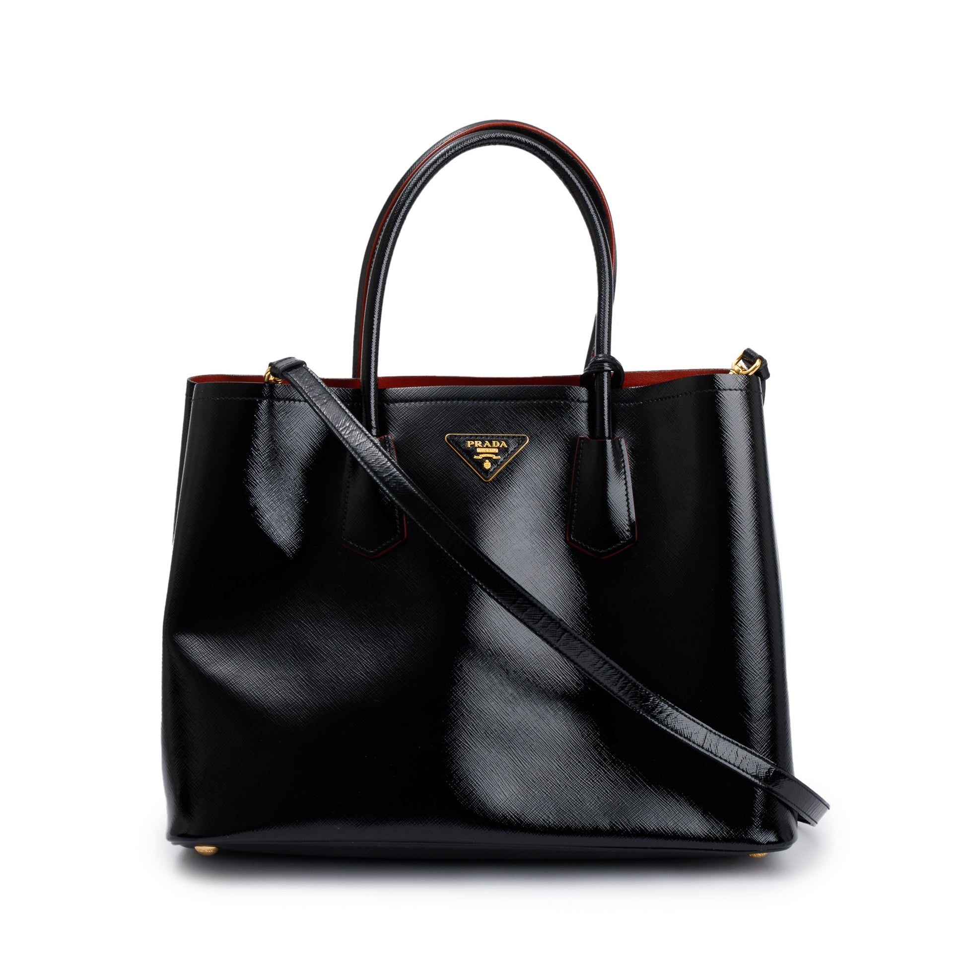 Prada Saffiano Vernice Shiny Cuir Double Tote Handbag Black Red Tote Bag