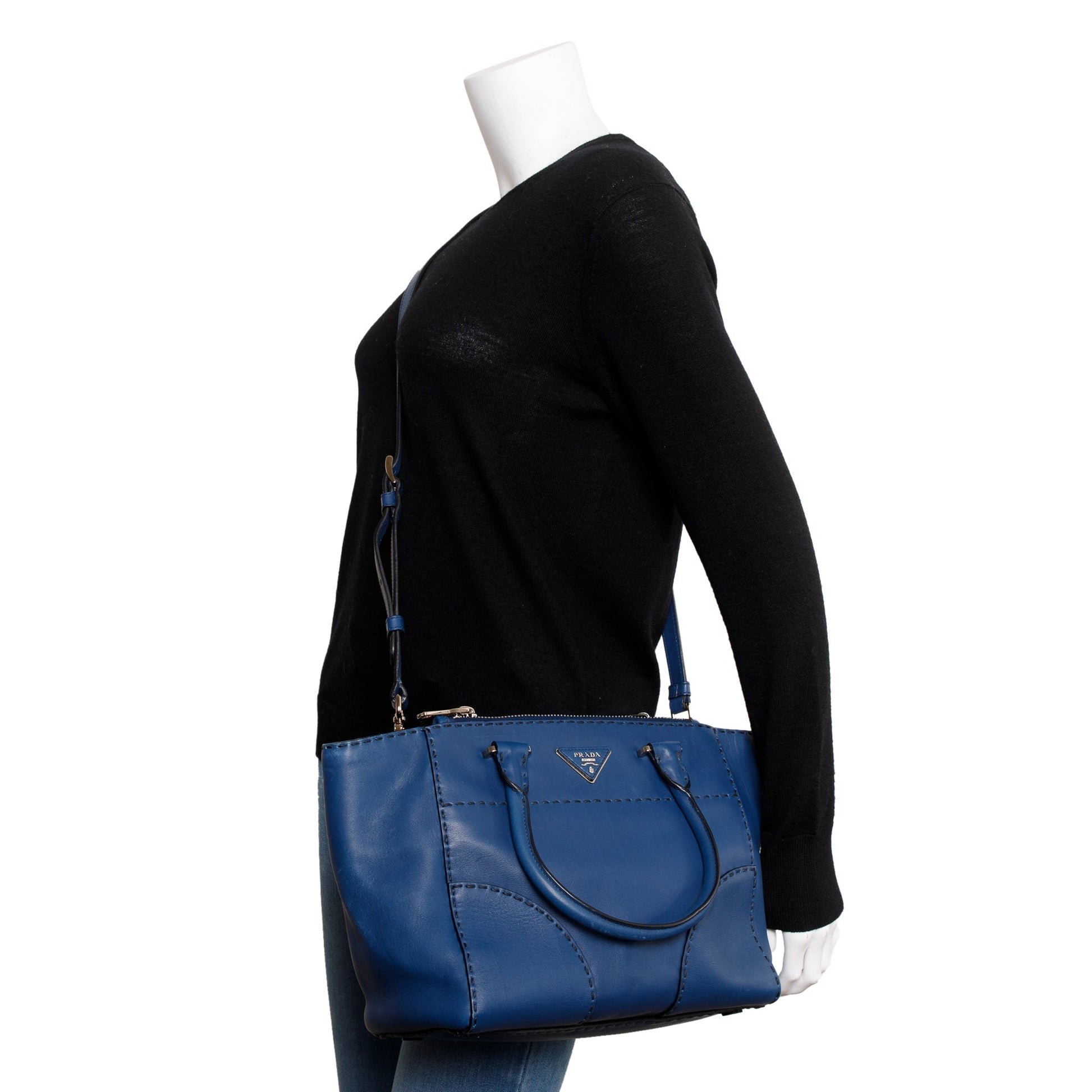Prada City Calf Twin Pocket Tote Handbag Blue Small Tote Bag
