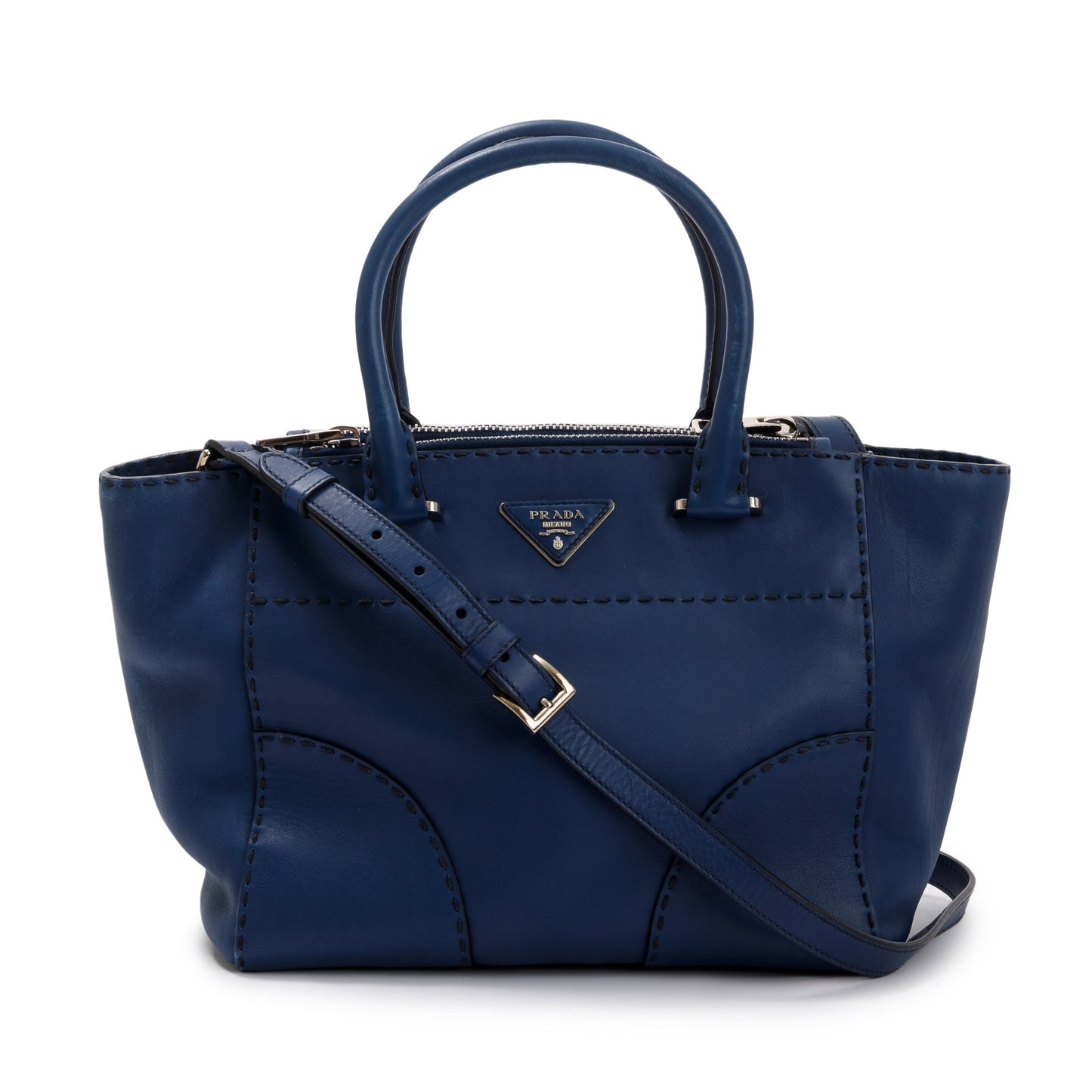 Prada City Calf Twin Pocket Tote Handbag Blue Small Tote Bag