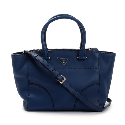 Prada City Calf Twin Pocket Tote Handbag Blue Small Tote Bag