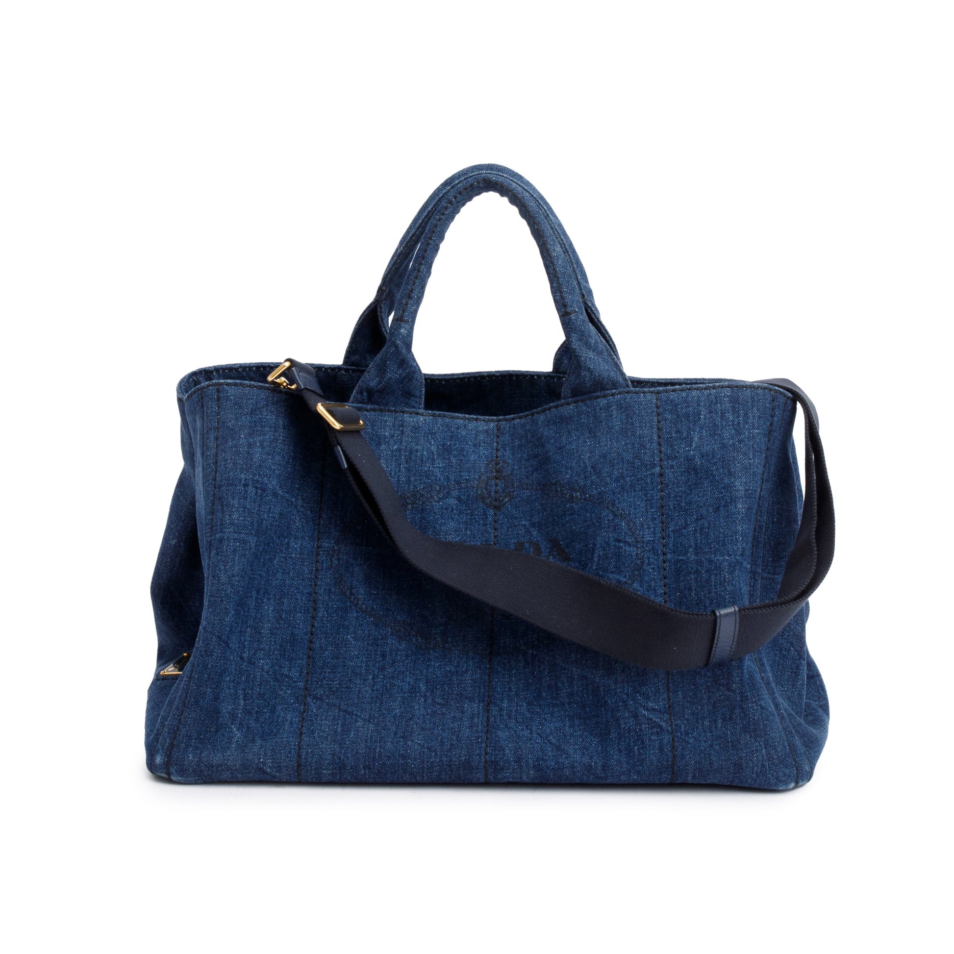 Prada Logo Canapa Tote Handbag Denim Blue Tote Bag