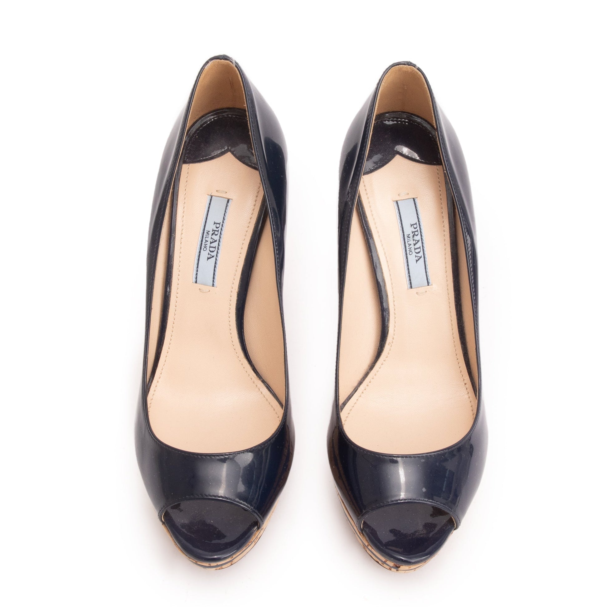 Prada Patent Calzature Donna Peep Toe Pumps, Size Leather Blue Shoes