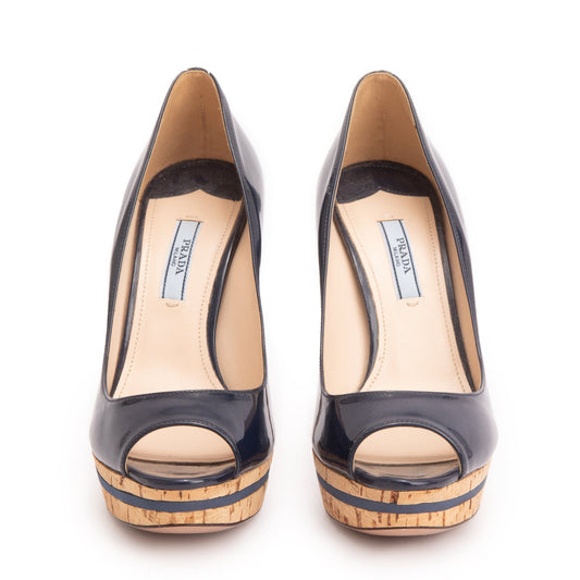 Prada Patent Calzature Donna Peep Toe Pumps, Size Leather Blue Shoes