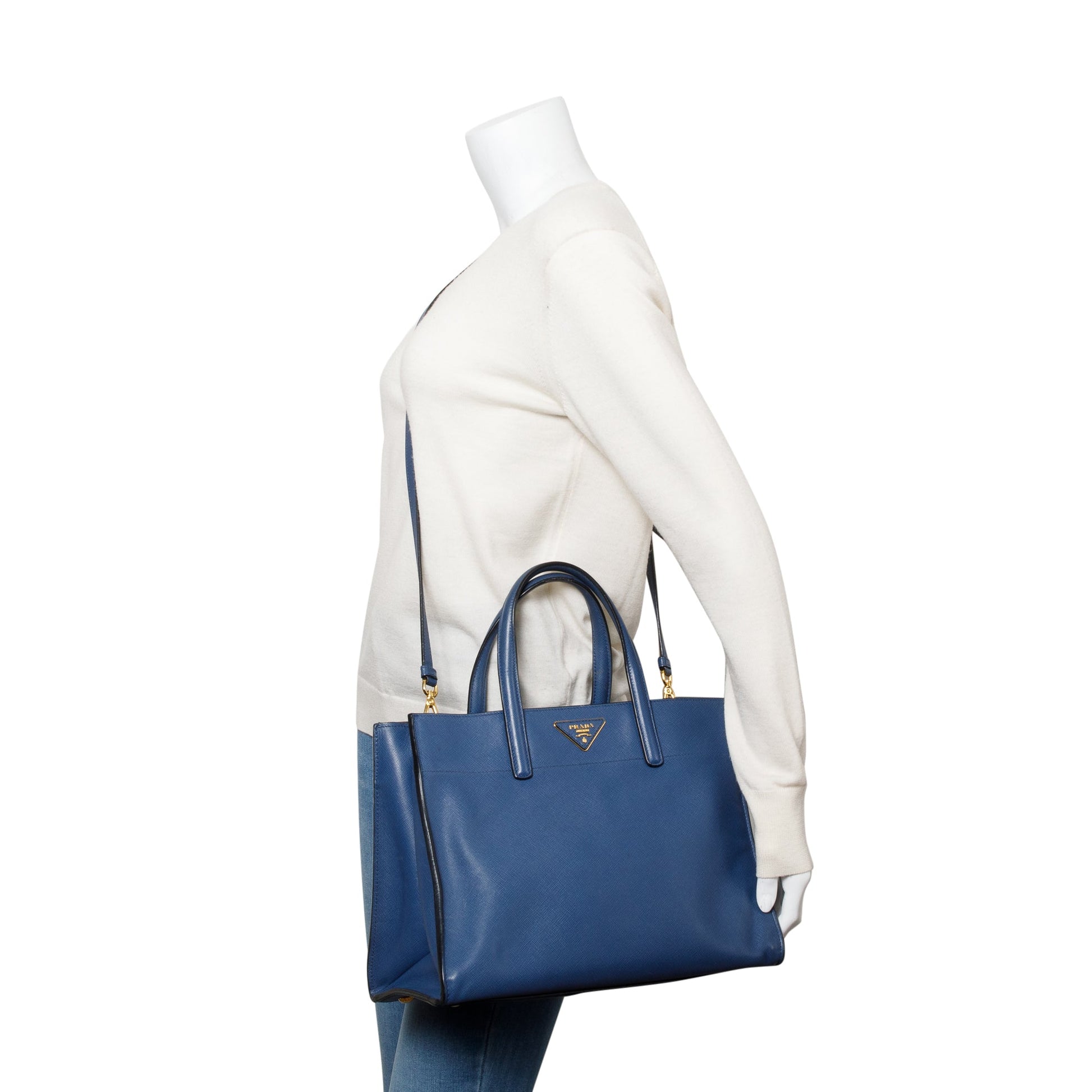 Prada Saffiano Soft Top Handle Tote Handbag Leather Blue Tote Bag