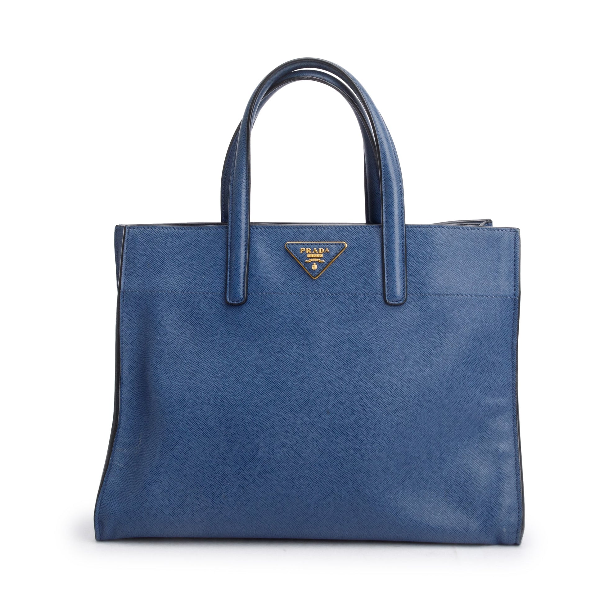 Prada Saffiano Soft Top Handle Tote Handbag Leather Blue Tote Bag