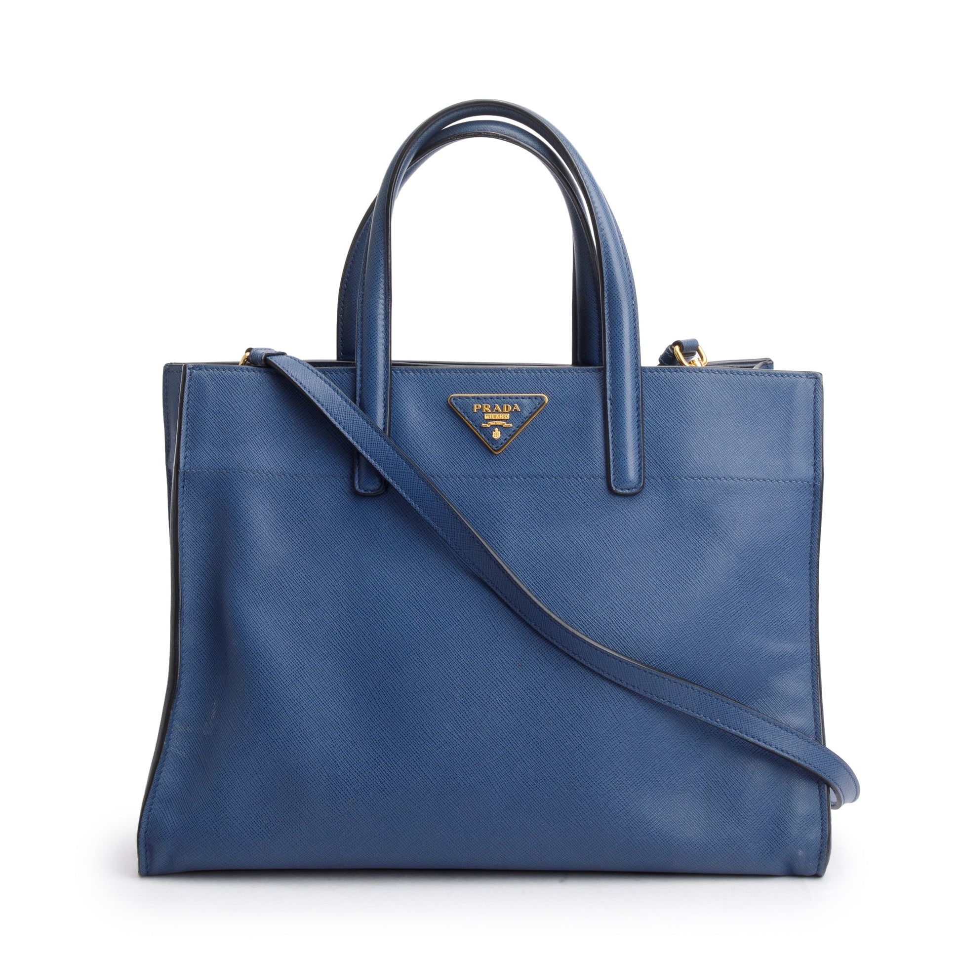 Prada Saffiano Soft Top Handle Tote Handbag Leather Blue Tote Bag