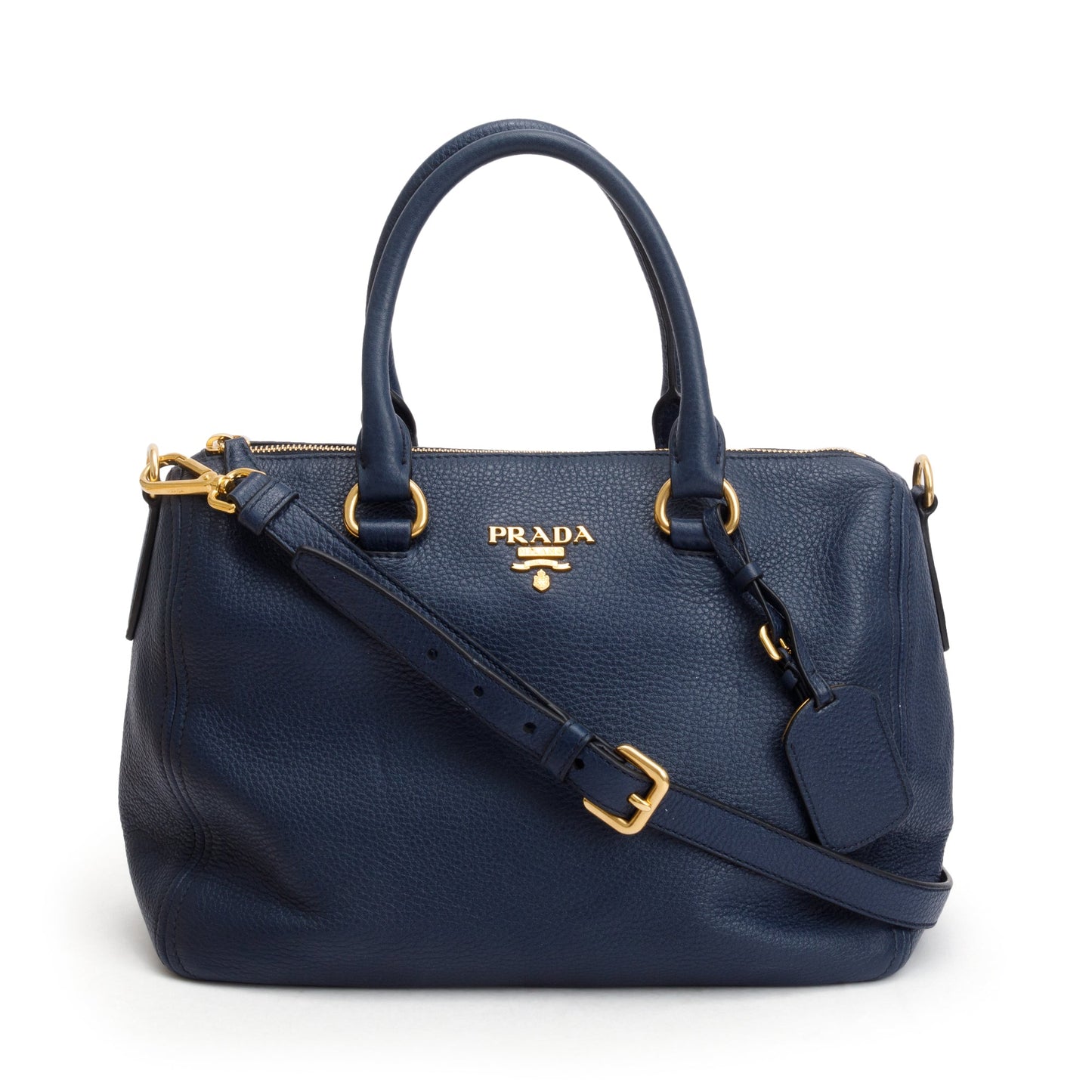Prada Vitello Phenix Bauletto Handbag Leather Blue Travel Bag