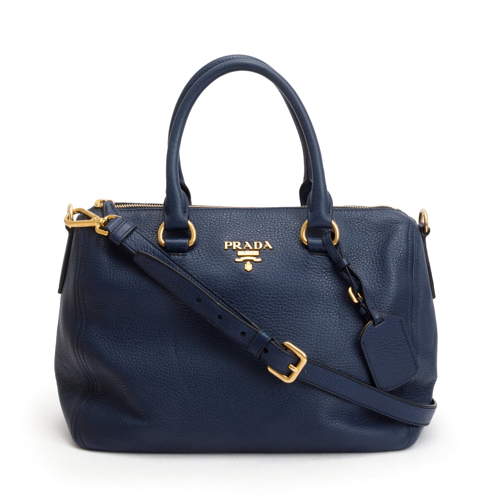 Prada Vitello Phenix Bauletto Handbag Leather Blue Travel Bag