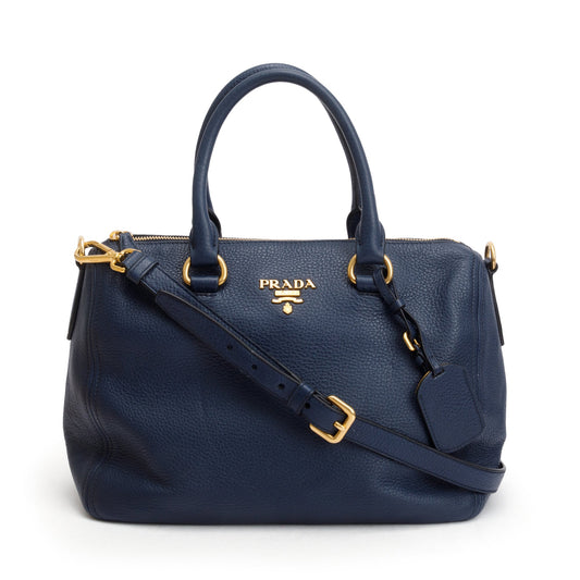 Prada Vitello Phenix Bauletto Handbag Leather Blue Travel Bag