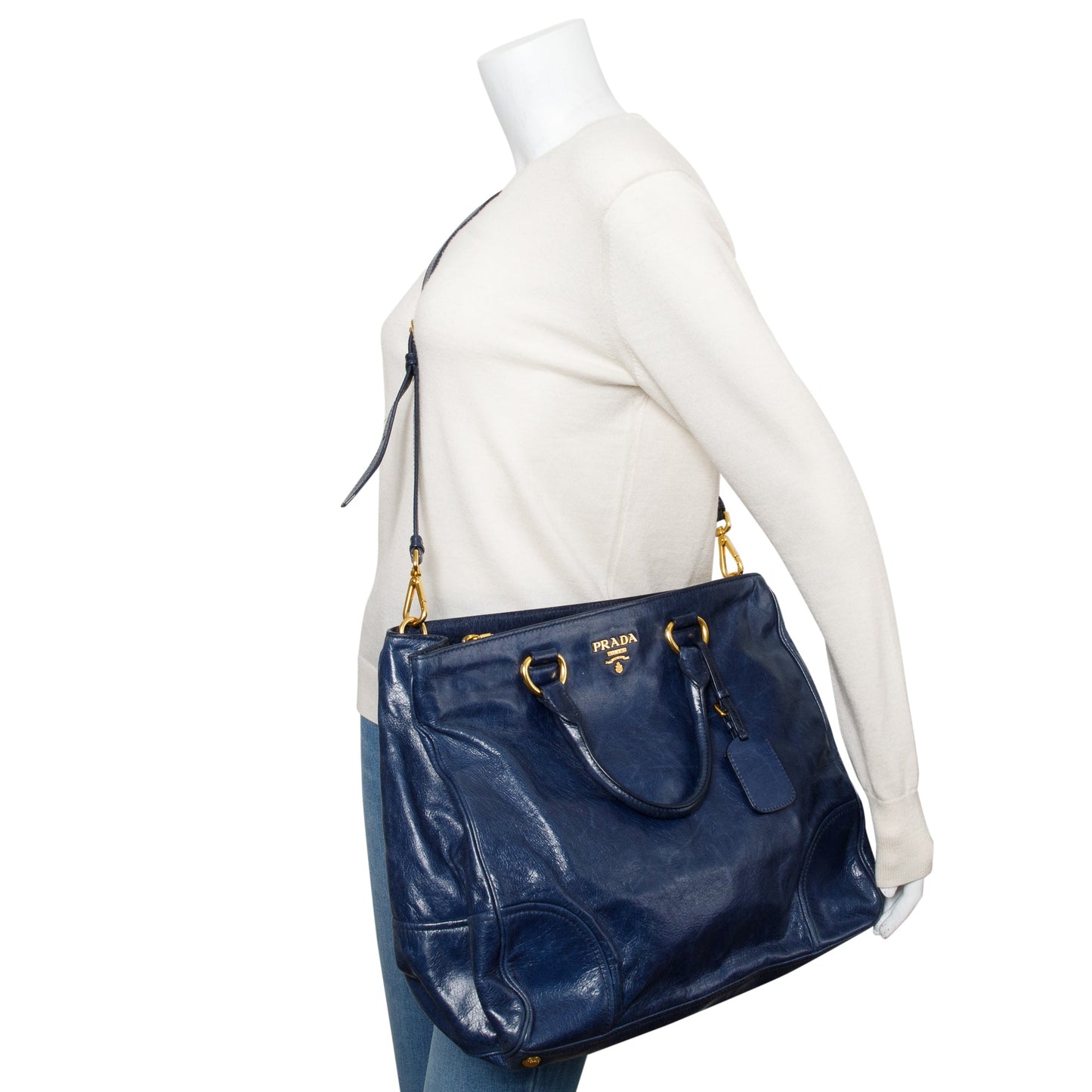 Prada Vitello Shine Shopping Tote Handbag Leather Blue Tote Bag