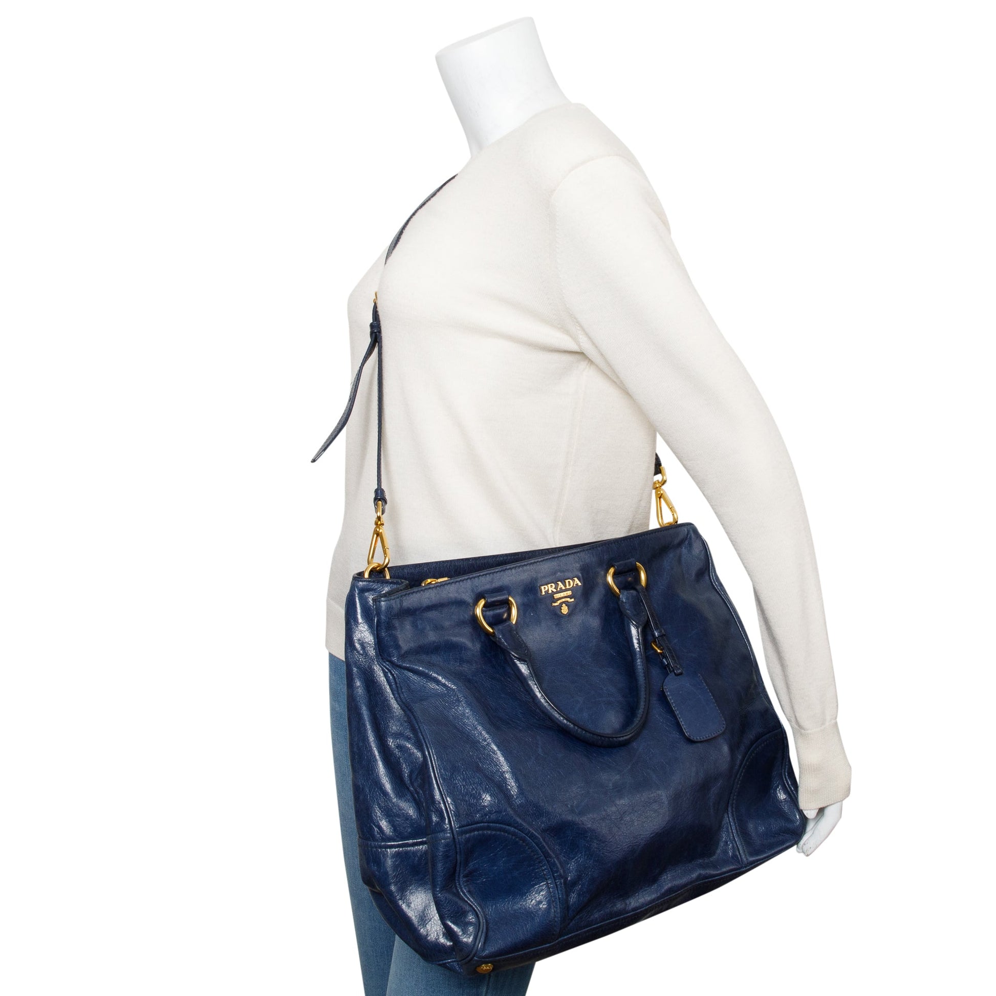 Prada Vitello Shine Shopping Tote Handbag Leather Blue Tote Bag