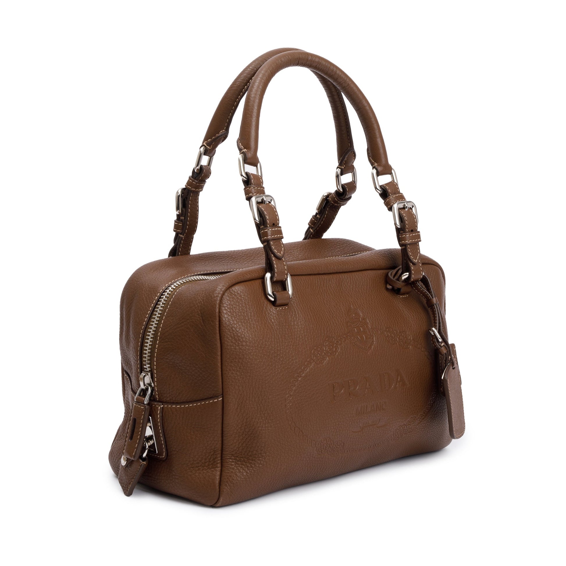 Prada Vitello Daino Bauletto Logo Bag Leather Brown Travel Bag
