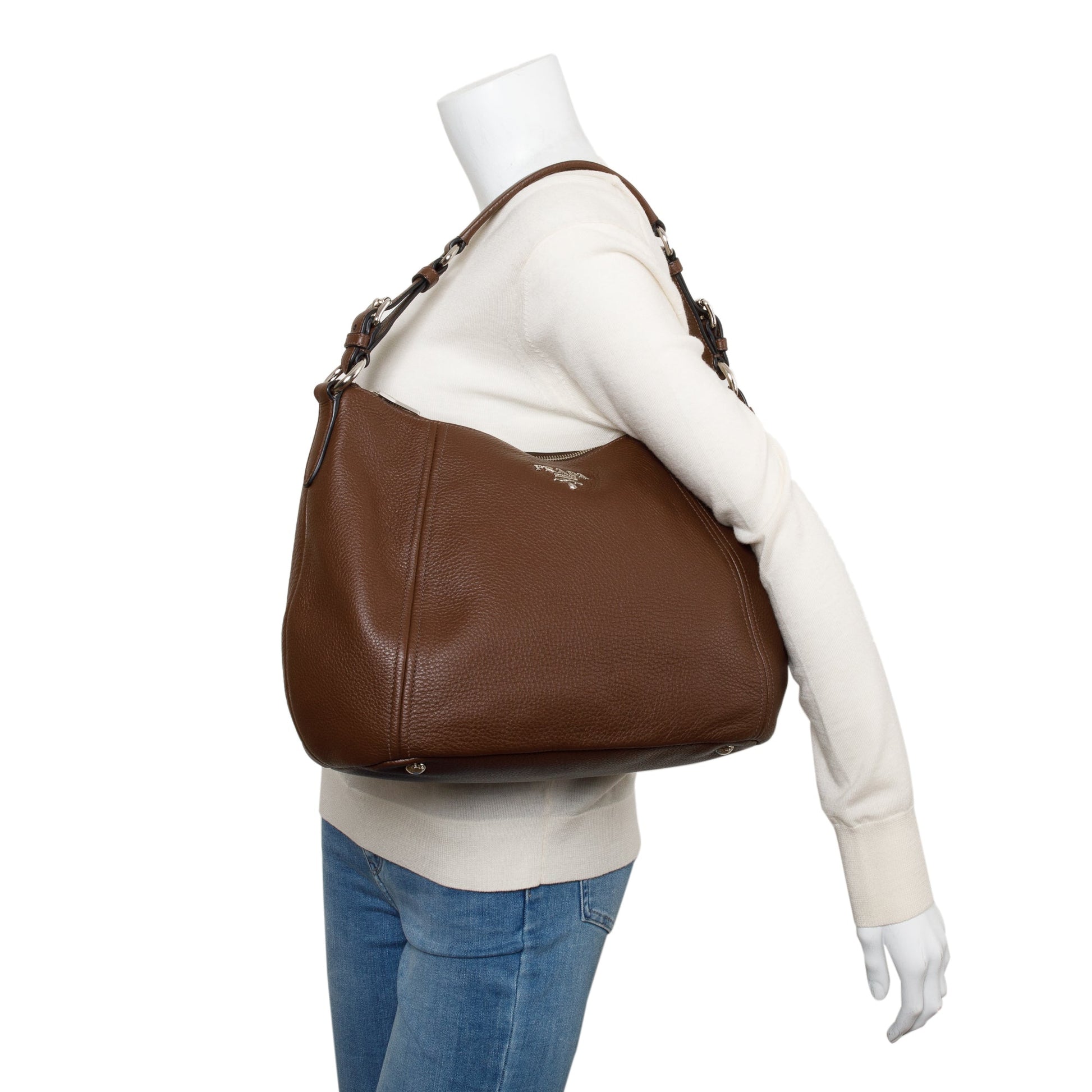 Prada Vitello Phenix Zip Top Hobo Bag Leather Brown Travel Bag