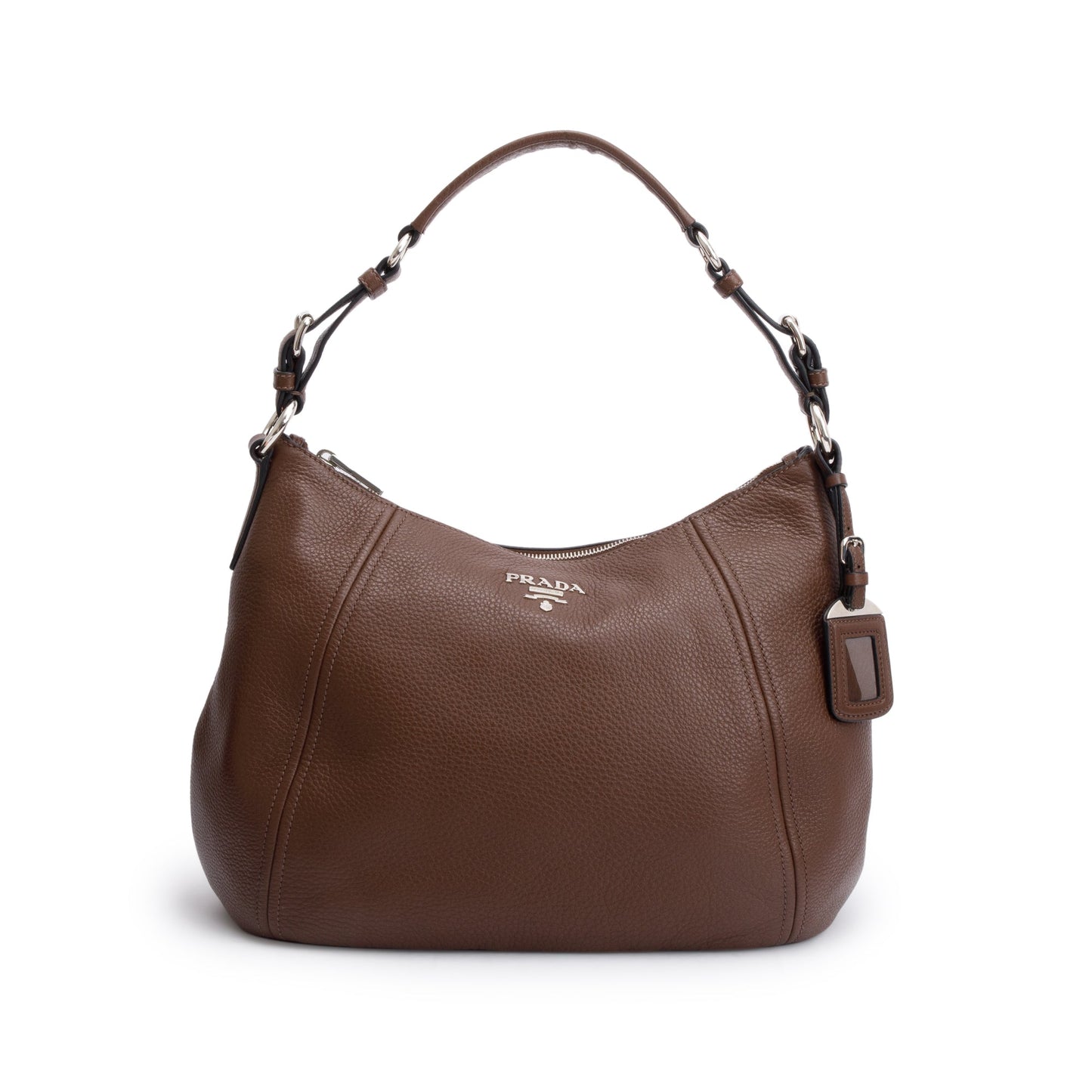 Prada Vitello Phenix Zip Top Hobo Bag Leather Brown Travel Bag