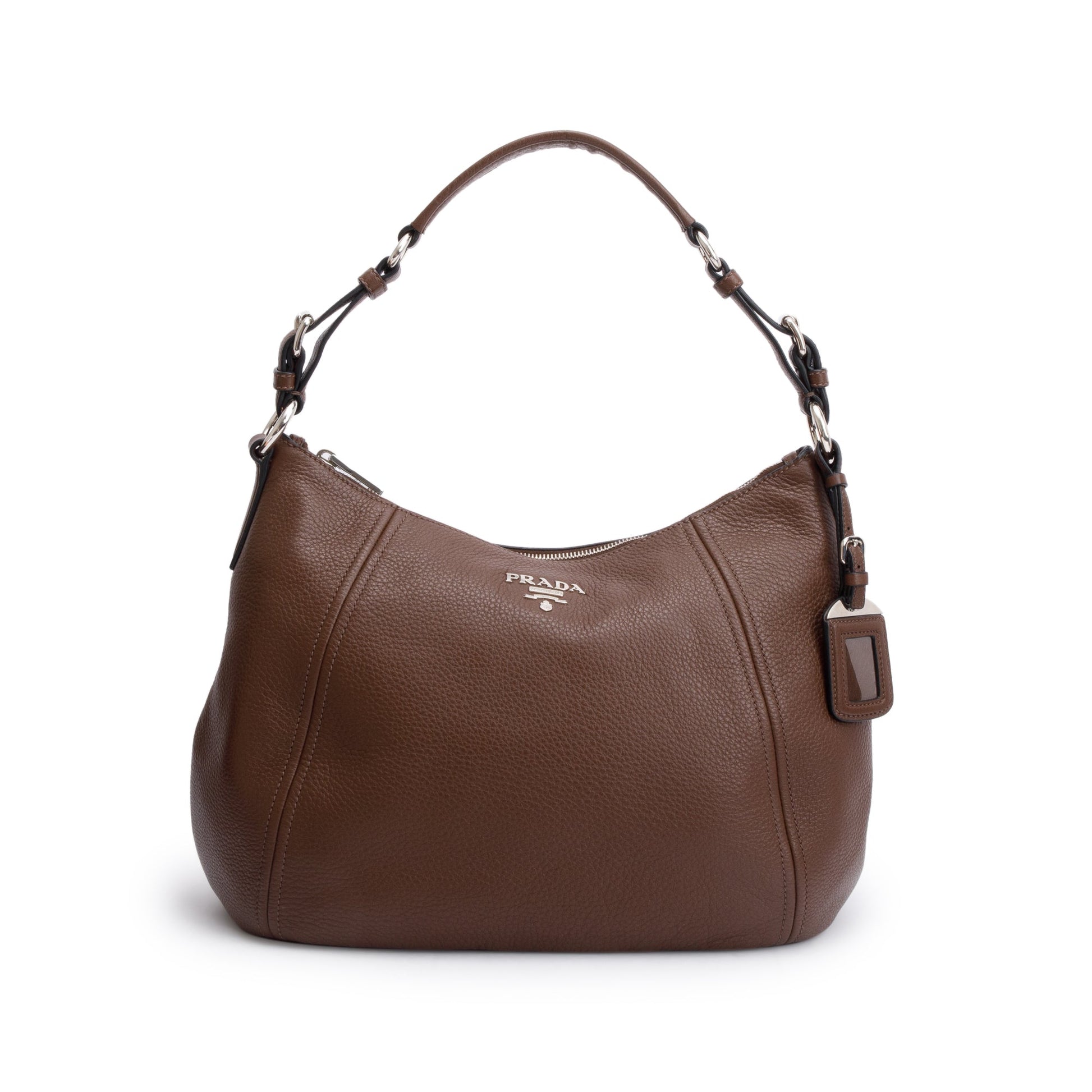 Prada Vitello Phenix Zip Top Hobo Bag Leather Brown Travel Bag