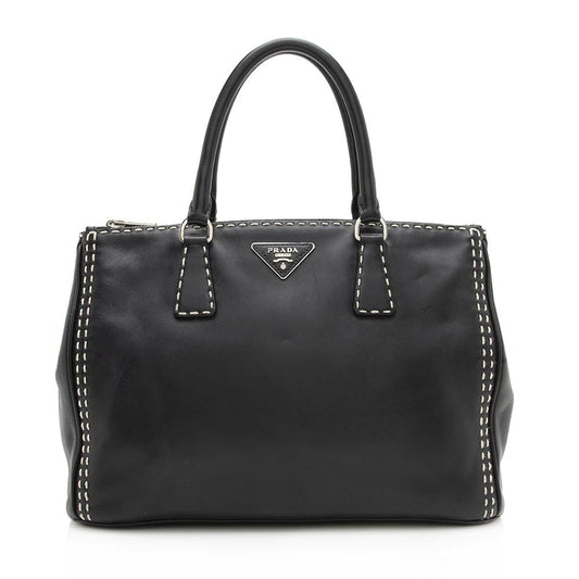 Prada Calfskin Stitched Double City Tote Medium Zip Tote Bag