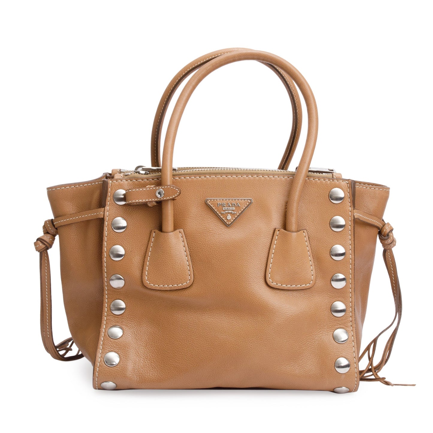 Prada Caramel Glace Calf Studded Twin Pocket Tote Tote Bag