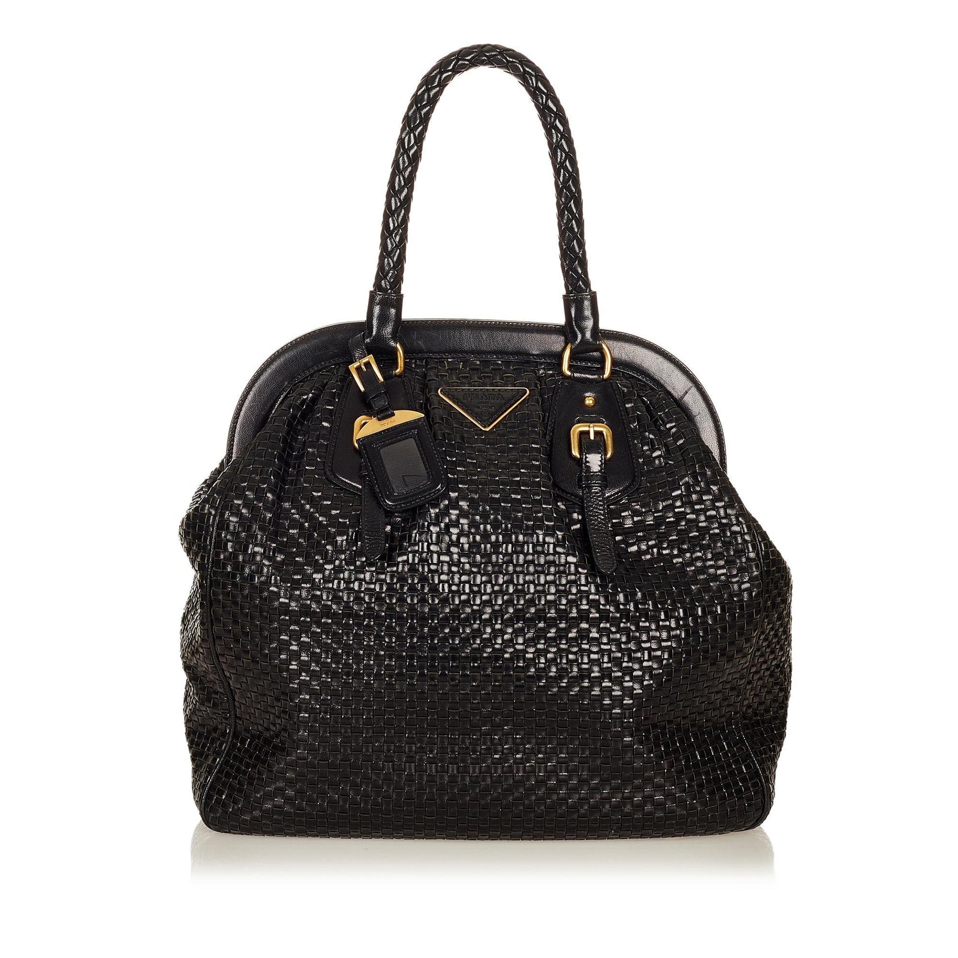 Prada Frame Tote Bag Shg Leather Woven
