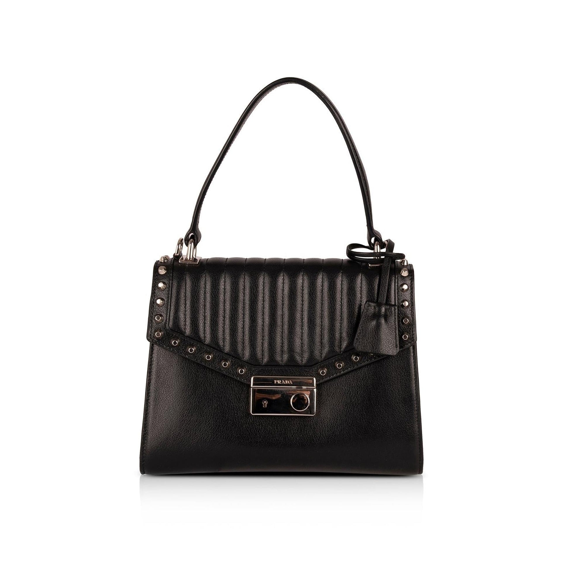 Prada Glace Calf Studded Top Handle Bag Leather Travel Bag