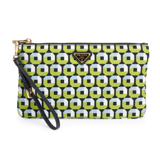 Prada Octagon Print Tessuto Stampato Wristlet Handbag Nylon Green Multicolor Travel Bag