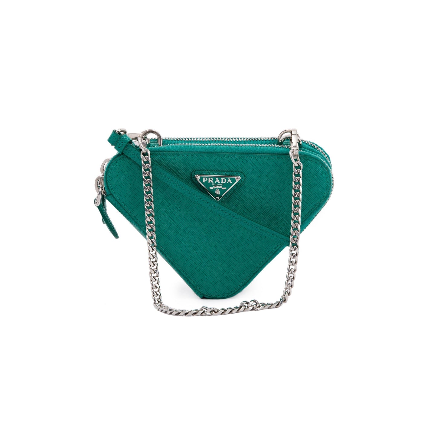 Prada Saffiano Triangle Pouch Handbag Leather Green Travel Bag