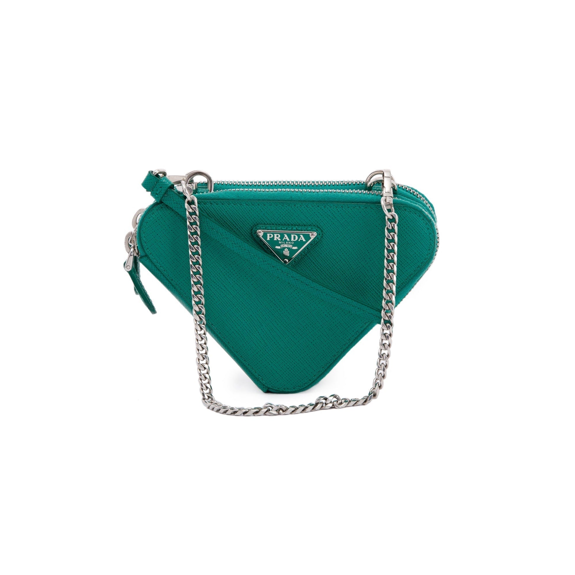 Prada Saffiano Triangle Pouch Handbag Leather Green Travel Bag
