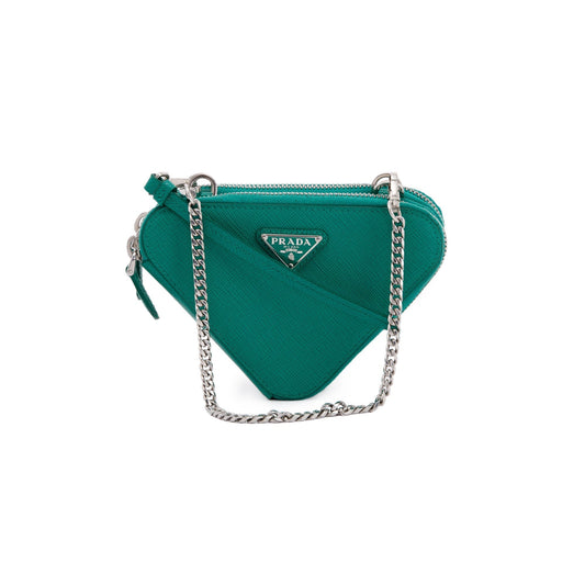 Prada Saffiano Triangle Pouch Handbag Leather Green Travel Bag