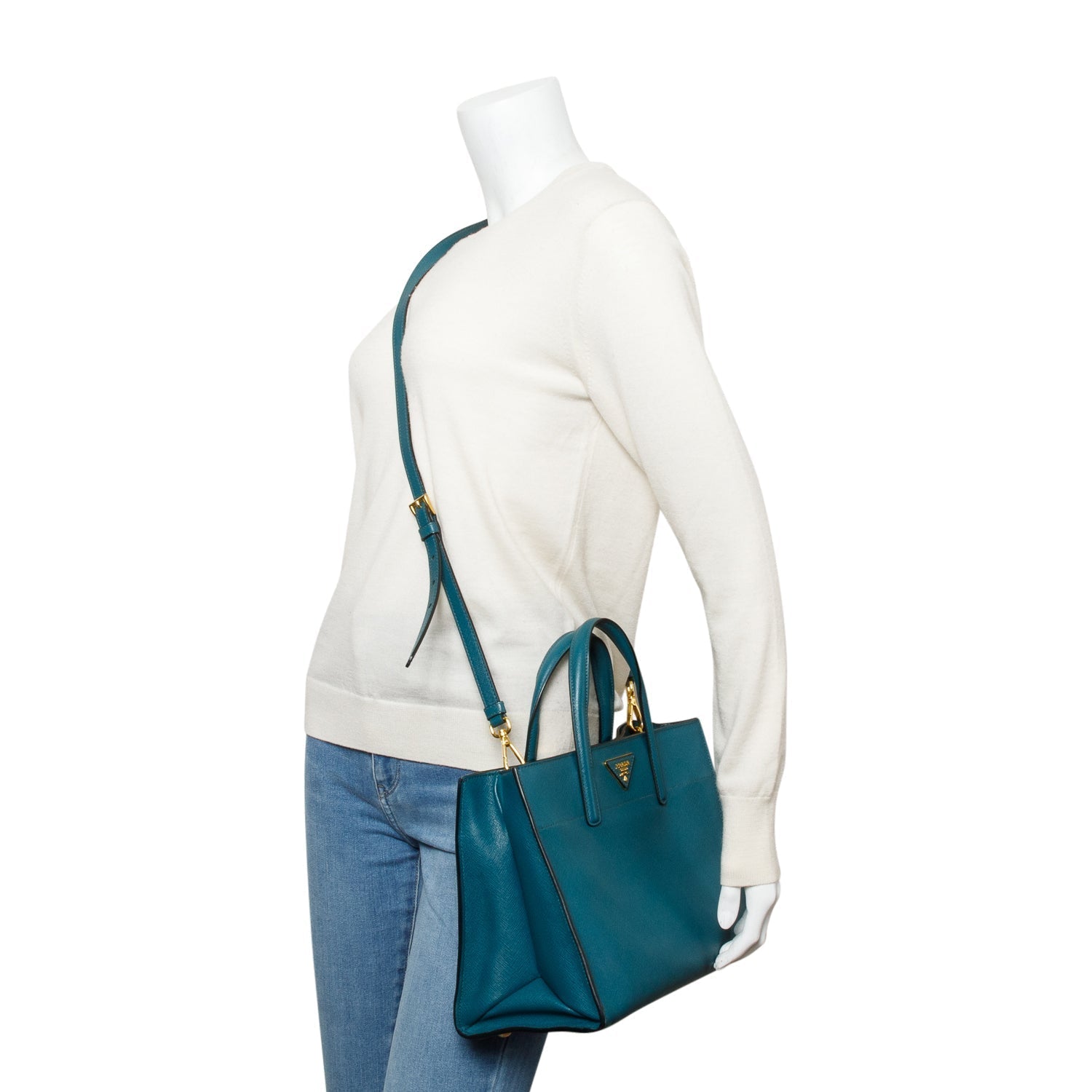 Prada Saffiano Soft Triple Pocket Convertible Tote Handbag Green Tote Bag