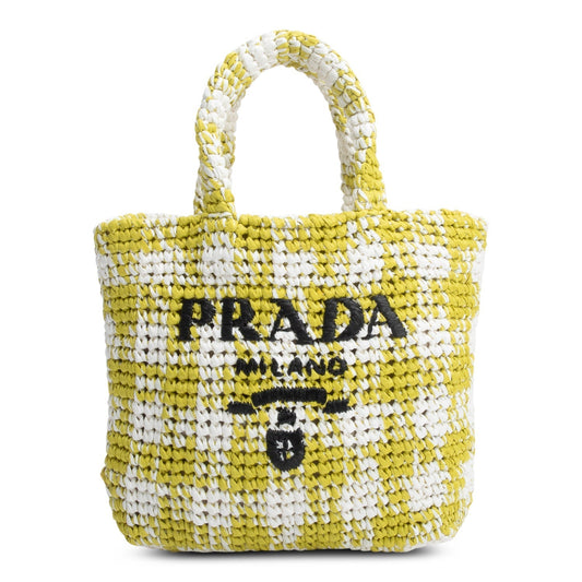 Prada Crochet Small Logo Tote Handbag Raffia White Tote Bag