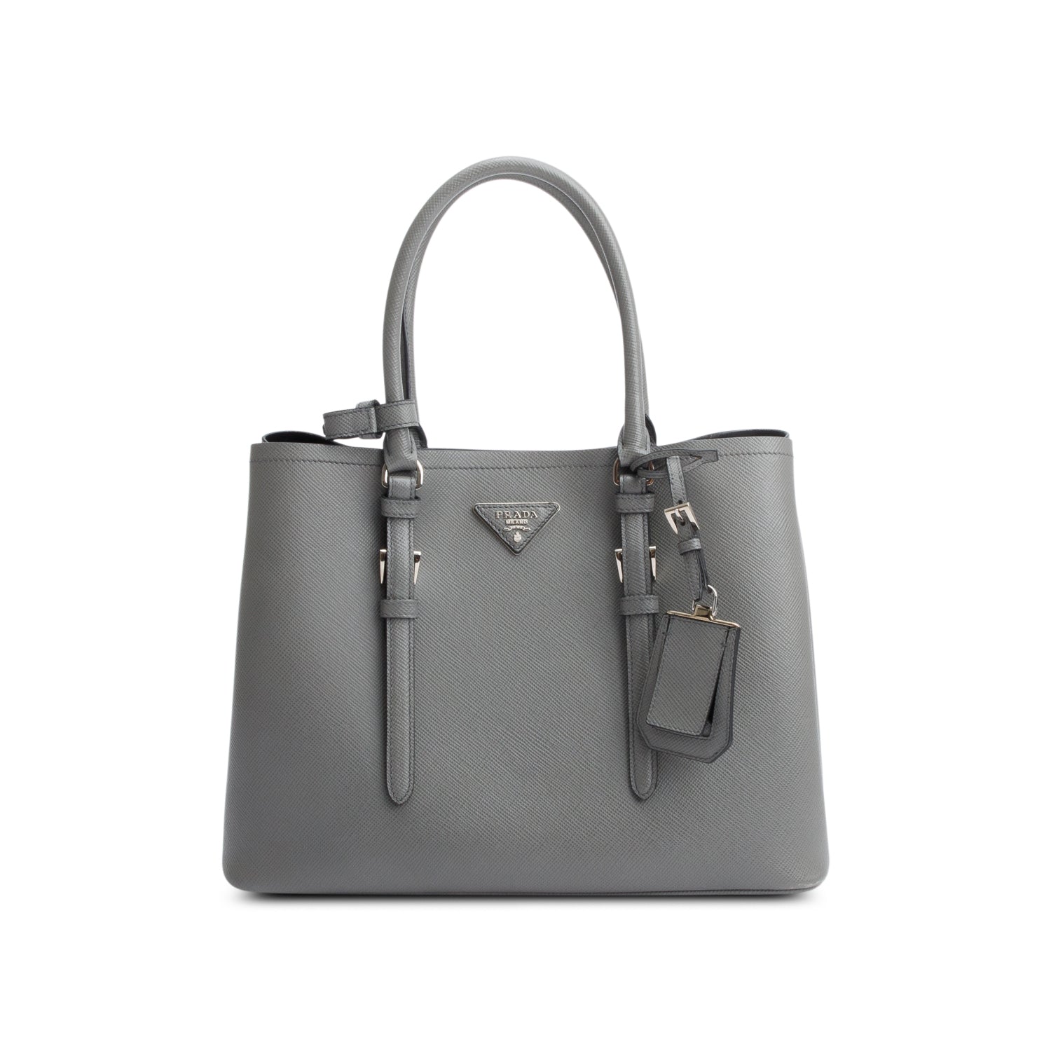 Prada Grey Saffiano Lux Cuir Double Tote Handbag Medium Tote Bag