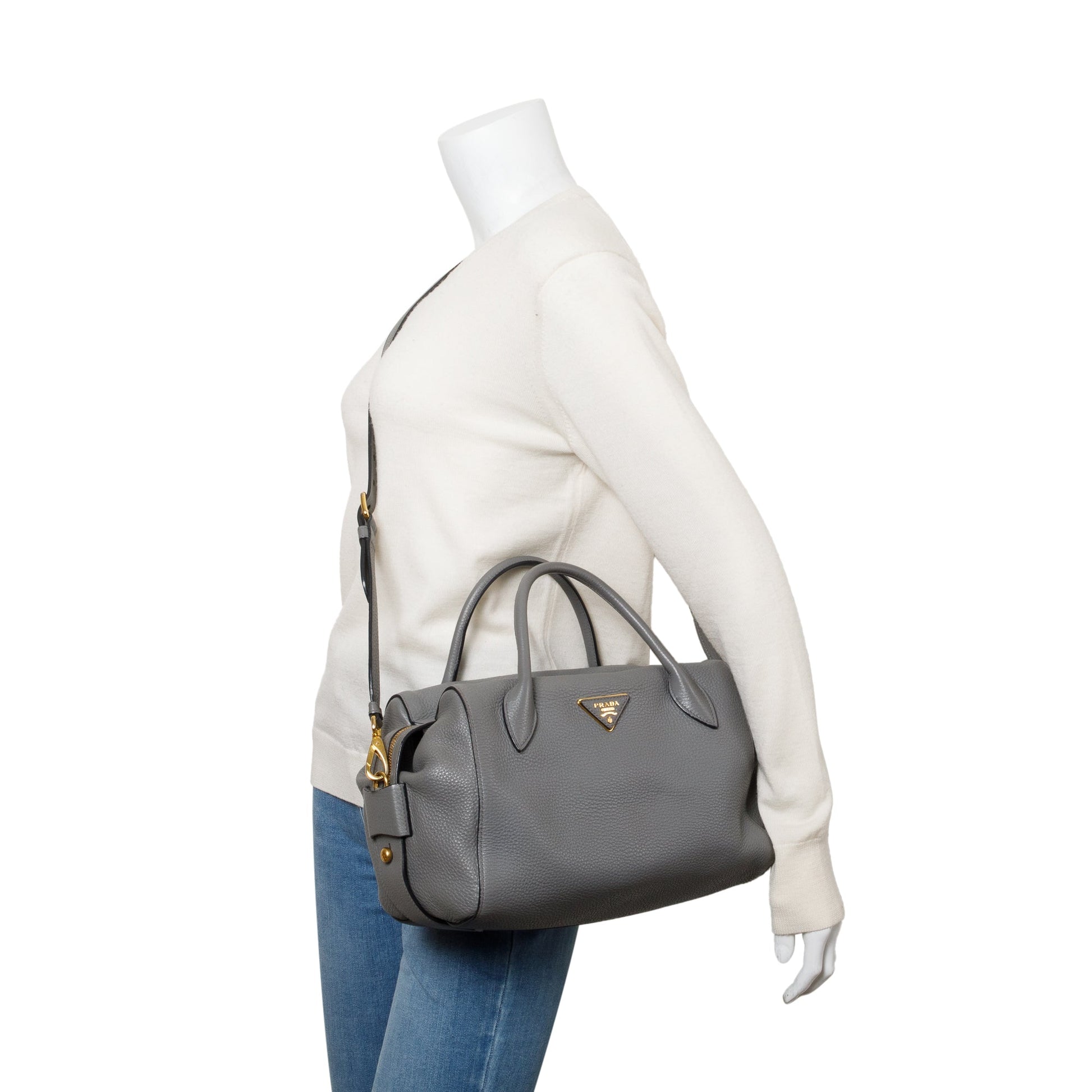 Prada Grey Vitello Daino Baulleto Tote Handbag Leather Tote Bag