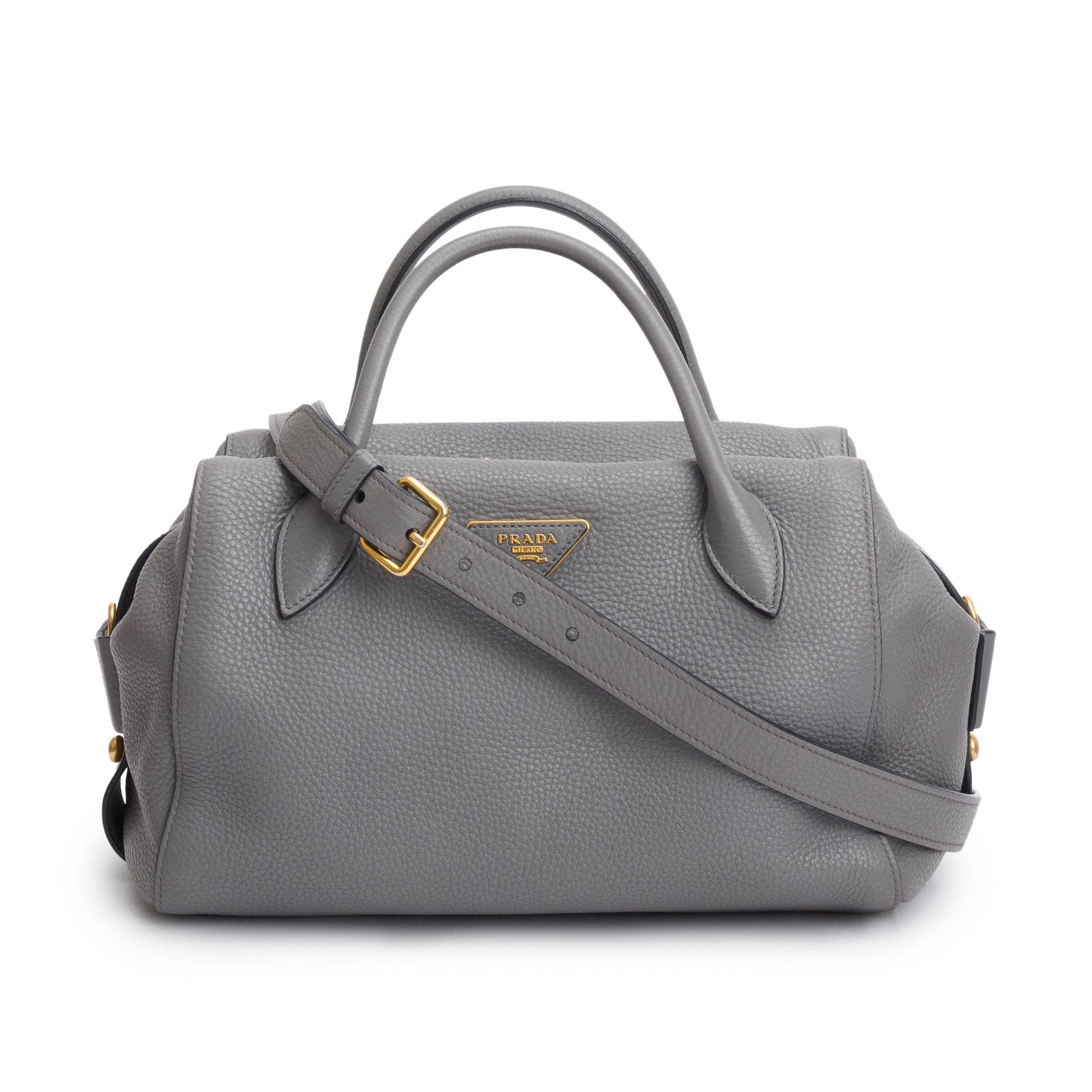 Prada Grey Vitello Daino Baulleto Tote Handbag Leather Tote Bag